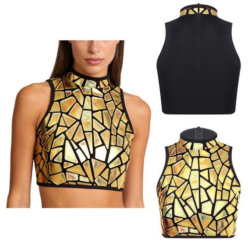 Women Top Corset Vest Glossy Bustier Shiny Clubwear Zipper Party Sequins Front - Picture 16 of 27