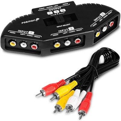 Fosmon A1602 RCA Splitter with 3-Way Audio, Video RCA Switch Box + RCA Cable for