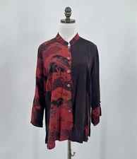 Citron Black Red Asian Floral Button Tunic Top L Mandarin Collar Long Sleeve