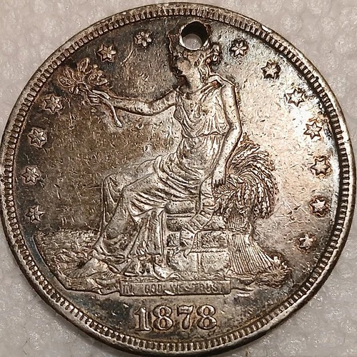 1878-S $1 Silver Trade Dollar nice looking coin hole AU details Abt Unc holed