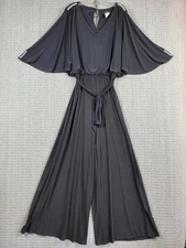 MSK Womens Wide Leg 3/4 Batwing Sleeves Belted Jumpsuit Sz L Black w Rhinestones