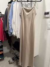 Beige Satin Strappy Sleeveless Maxi Slip Dress Cowl Neck Lightweight Women