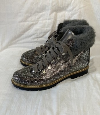 INC moto Boots Gray 8.5 Rhinestone Bling Faux Fur Trim Lace Up