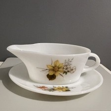Vintage JAJ Pyrex Gravy Boat & Saucer Autumn Glory Opalware Milk Glass 1960/70s
