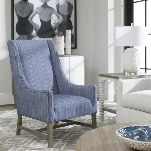 Uttermost Galiot Coastal Wood and Fabric Wingback Accent Chair in Blue and White - Picture 8 of 10