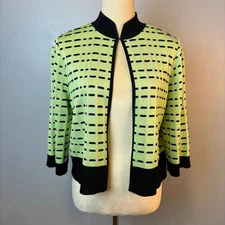Ming Wang Green Black Knit Cardigan Stand Up Collar Womens Medium 