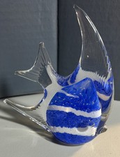 Vintage Angel Fish Hand Blown Art Glass Murano Style Blue White Paperweight 5.5"