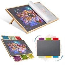 2-in-1 Tilting & Rotating Puzzle Board with 6 Colored Drawers & Cover, Portab...