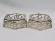Set Of 2 Art Deco Open Salt Cellar Dips Clear Glass Crystal with Openwork Metal