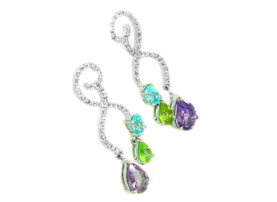 2.20ct Amatista,Peridoto,Aguamarina Y Diamante Pendientes En 14K Oro Blanco - Imagen 2 de 4