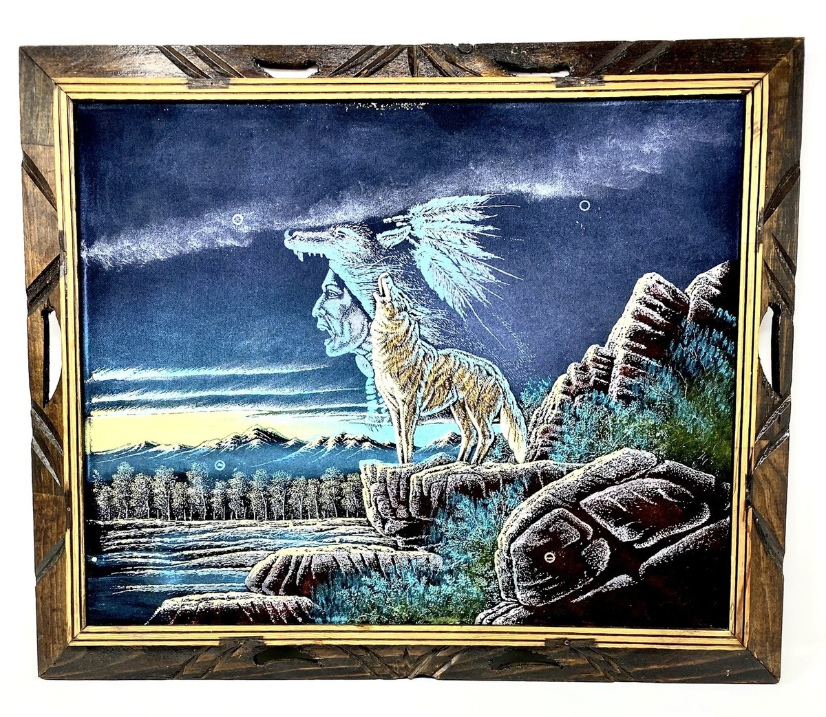 Tribal Howling Wolf Spirit ~SANCHEZ Velvet Painting ~Mexico ~23