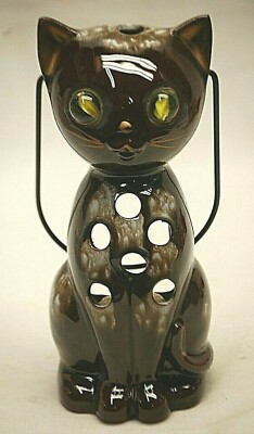 Inarco Redware Drip Halloween Cat Yellow Marble Eye Lantern Votive Candle Holder