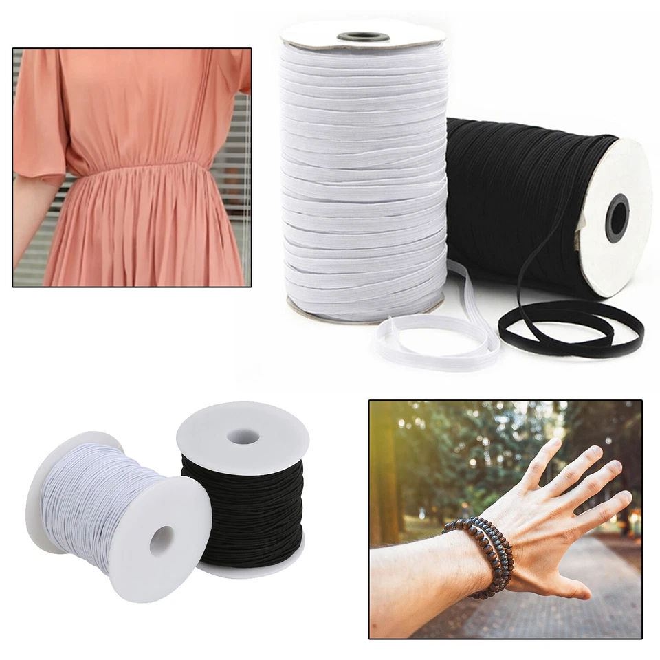 TRIMMING SHOP White/Black Round/Flat Elastic Cord Stretch Bands Sewing Masks Clothes 1-12mm