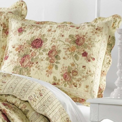 BEAUTIFUL VINTAGE CHIC ANTIQUE ROSE YELLOW RED GREEN GOLD PINK COTTON QUILT SET