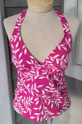 Lands' End Tankini Top Size 4 Purple & White Leaf Print Halter Style 