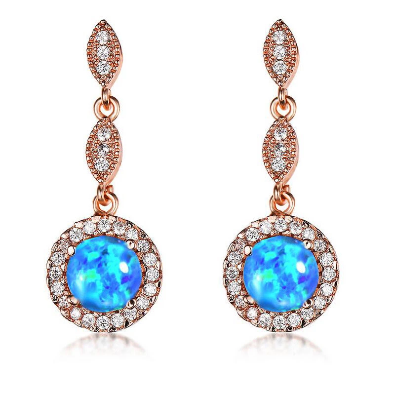 Brincos de gancho folheados a ouro rosa topázio branco opala fogo azul presente ano novo - Imagem 3 de 4