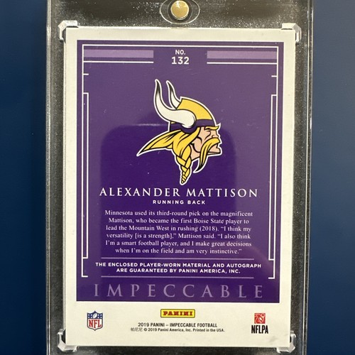 2019 Panini Impeccable Football Alexander Mattison Rookie Dual Patch Auto 51/75 - Imagen 2 de 6