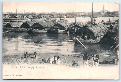 Kalkutta Indien 1905 RP Postkarte Hoogly River Szene Hausboote Brücke & Einheimische Z2