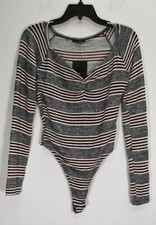 Fashion Nova Womens Gray Stripe V Neck Long Sleeve Keep It In Line Bodysuit M