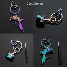 2pc Combo Paint Gun & Piston Keychain Car Fob D-Ring Holder Keyring Neon Rainbow
