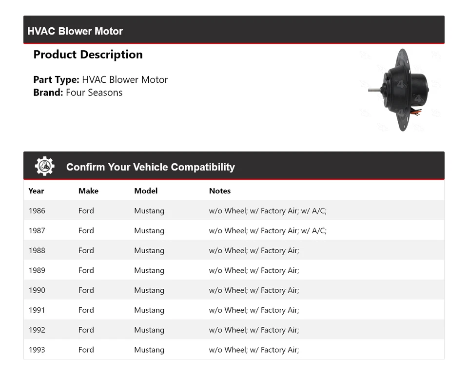 Motor de ventilador HVAC Ford Mustang 1986-1993 4 estações 1987 1988 1989 1990 1991 - Imagem 2 de 4