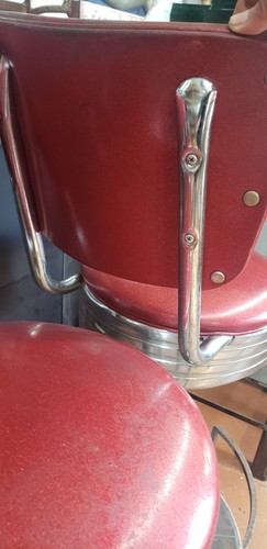 Set of 3 Vintage Chrome & Red Vinyl Stools with Round Bottom Base & Foot Rests - Picture 4 of 4