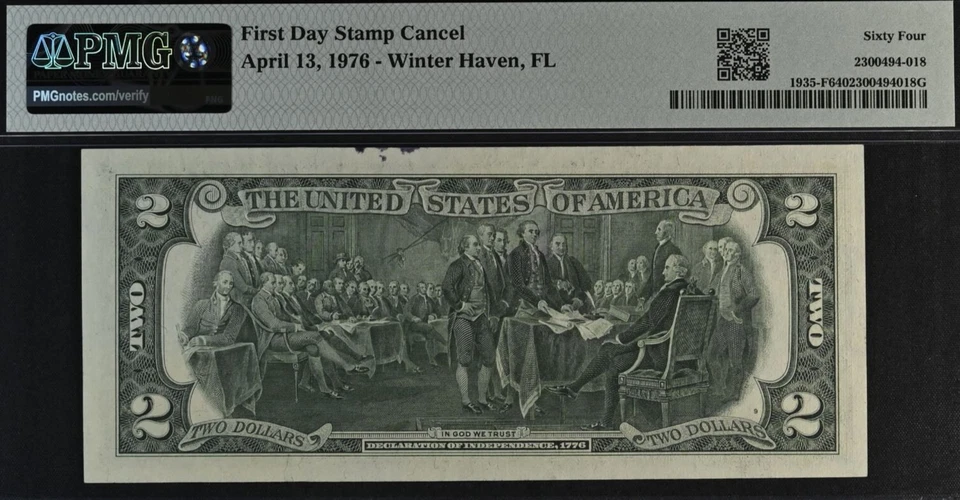 1976 $2 Federal Reserve Note PMG 64 First Day Stamp - Winter Haven, FL 19901620 - Image 3 of 3