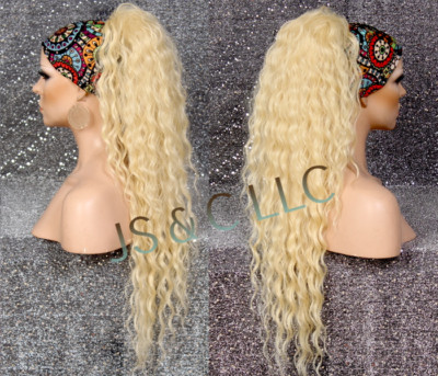Pale Yellow Blonde Human Hair Blend PONYTAIL Hairpiece Drawstring ex long wavy