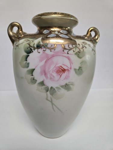 Antique Nippon Porcelain Gold Encrusted Beaded Vase with Roses Moriage Morimura - Picture 12 of 15