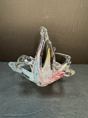 VTG Art Glass Hand Blown RAINBOW SWIRL Trinket / Candy Dish Basket - Picture 4 of 11