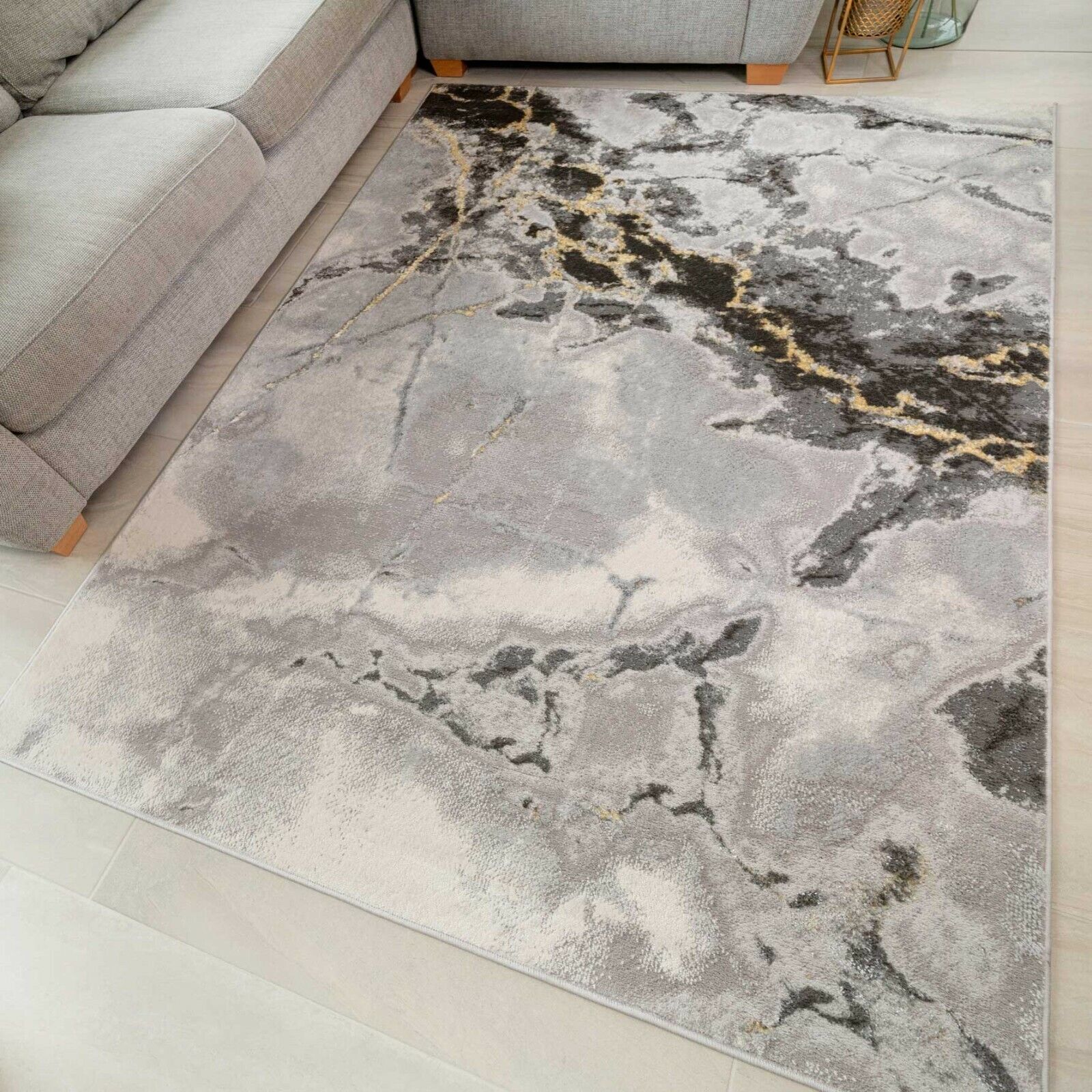 Grey Gold Marble Look A Like Rugs Small Extra Large Modern Carpets Soft  Thick