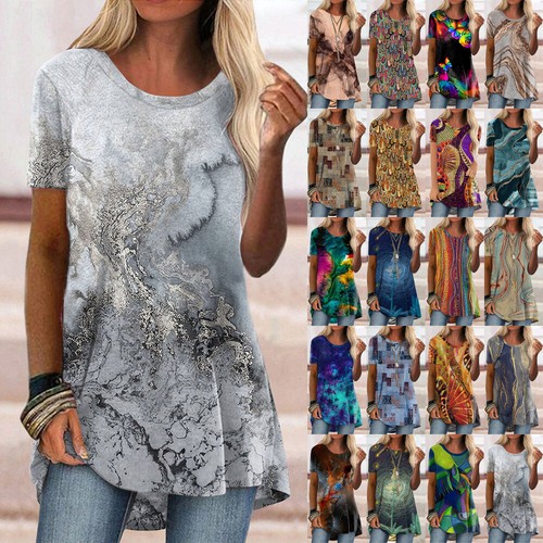 Womens Boho Printed Long Tops Ladies T-Shirt Short Sleeve Blouse US eBay