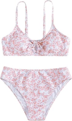 Girls' 2 Piece Ditsy Floral Print Knot Front Ruched Triangle Bikini Swim Suit