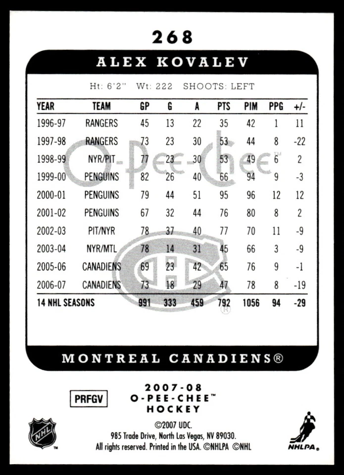 2007-08 O-Pee-Chee Alex Kovalev Montreal Canadiens #268 - Image 2 of 2