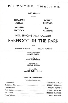 Barefoot In The Park Preview Playbill, Elizabeth Ashley, Robert Redford ...
