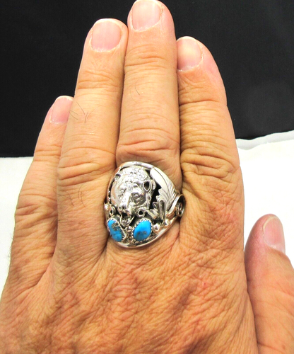 Native American Bear Ring Size 13 Navajo Signed RB Turquoise Sterling Silver 115 - Picture 6 of 6