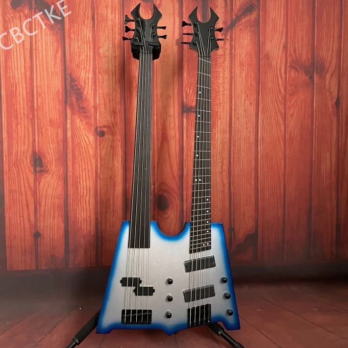 Бас-гитара электрическая с двойным грифом безладовая и с вентилятором 5+5 струн серебристая синяя вспышка - Изображение 2 из 4