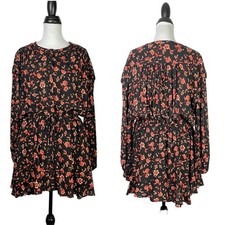 Free People Flower Fields Medium Black Orange Floral Long Sleeve Mini Dress