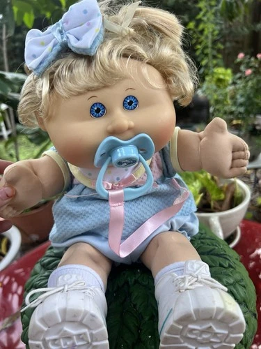 Cabbage Patch Kids Blonde Curly Hair Blue Eyes Pacifier Baby Original Outfit