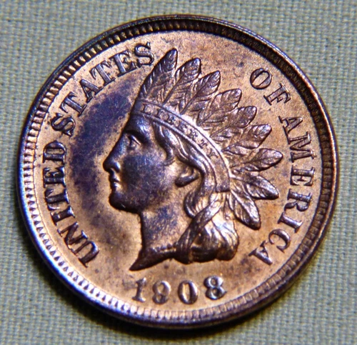 1908 Indian Head Penny Cent - AU Full Liberty Beauty With 4 Diamonds # 1294