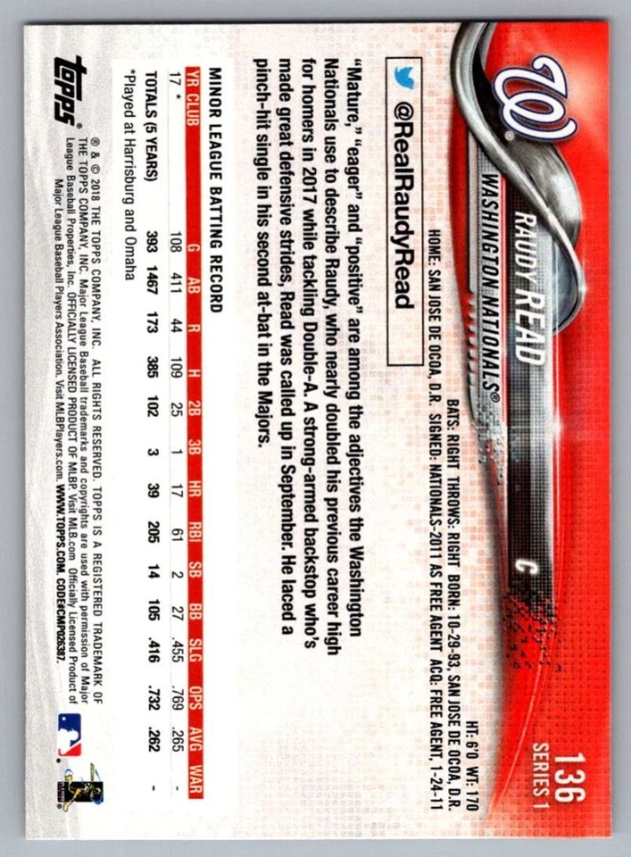 2018 Topps Raudy Read Rookie Washington Nationals #136 - Image 2 of 2