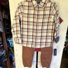 Nautica Boys Size 4 3-Piece Outfit Set Plaid Shirt Red Tee Brown Pants