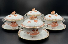 Set of (4) Herend Chinese Bouquet Rust Lidded Cream Soup Bowls & Saucers 744