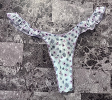 NWT VICTORIA'S SECRET PINK BLUE PURPLE FLORAL MESH FLUTTER RUFFLE THONG PANTIES