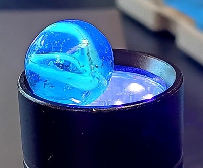 Vintage Flat Spot Marble Ravenswood Arko Alley Blue Glass Bubbles UV White Swirl