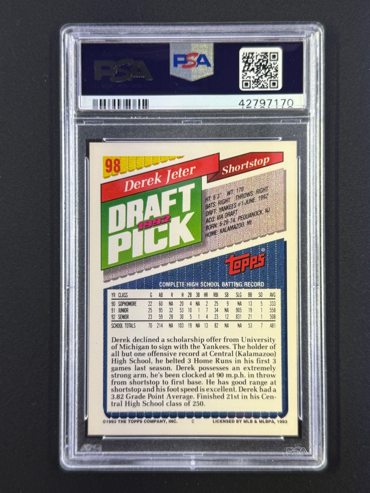DEREK JETER RC 1993 Topps #98 PSA 9 Mint New York Yankees HOF view 2