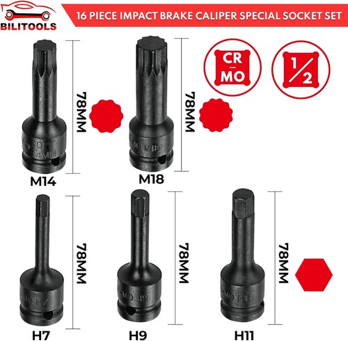 BILITOOLS 16-Piece Impact Brake Caliper Socket Set, 1/2" Drive One Size - Picture 6 of 7