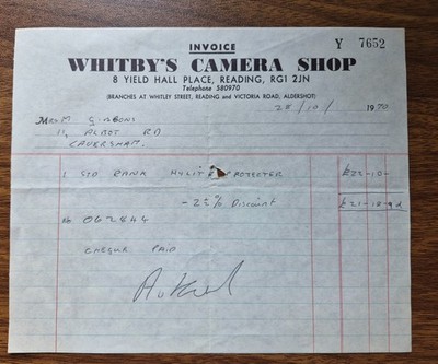 1970 Whitby s Camera Shop Lesertrag Halle Rechnung für Projektor