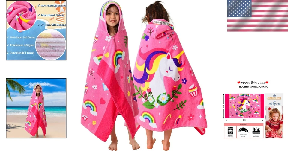 Adorable toalla con capucha unicornio floral rosa - 100 % algodón, talla para niños 50""x30"" Foto 2 de 4
