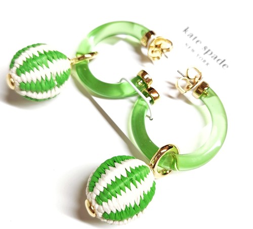 Kate Spade Feeling Bubbly Raffia Charm Hoop Earrings Green Multi-Color KH513 NWT - Picture 9 of 14